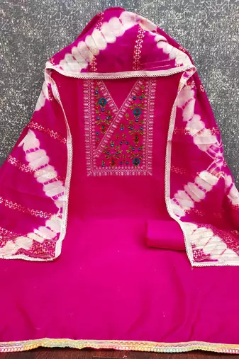 pink cotton blend embroidered unstitched dressmaterials 3 pair top bottom dupptaa