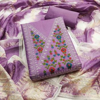 Purple cotton  embroidered unstitched dressmaterials 3 pair top bottom dupptaa 1