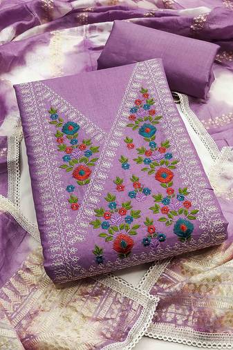 purple cotton blend embroidered unstitched dressmaterials 3 pair top bottom dupptaa