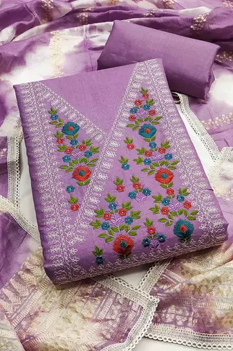 purple cotton blend embroidered unstitched dressmaterials 3 pair top bottom dupptaa