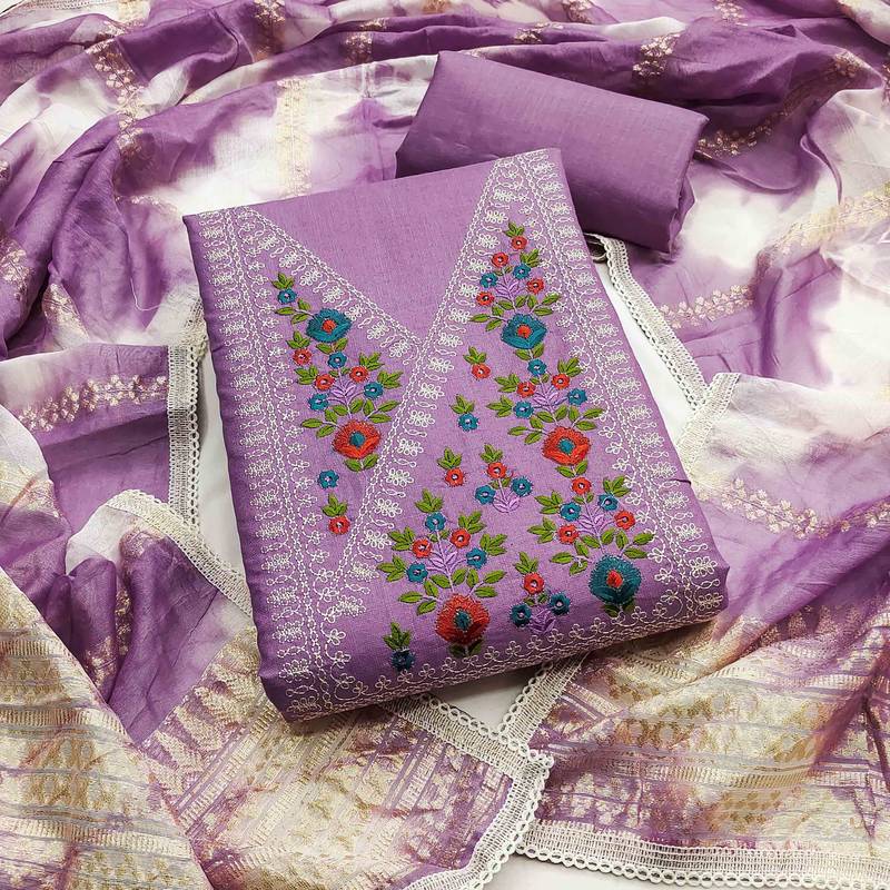 Purple cotton  embroidered unstitched dressmaterials 3 pair top bottom dupptaa
