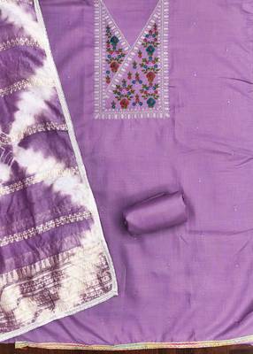 Purple cotton  embroidered unstitched dressmaterials 3 pair top bottom dupptaa 3