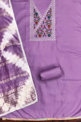 purple cotton blend embroidered unstitched dressmaterials 3 pair top bottom dupptaa