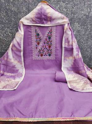 Purple cotton  embroidered unstitched dressmaterials 3 pair top bottom dupptaa 4