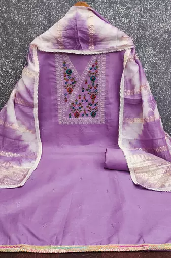 purple cotton blend embroidered unstitched dressmaterials 3 pair top bottom dupptaa