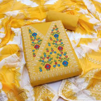 Yellow cotton embroidered unstitched dressmaterials 3 pair top bottom dupptaa 1