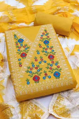 yellow cotton blend embroidered unstitched dressmaterials 3 pair top bottom dupptaa