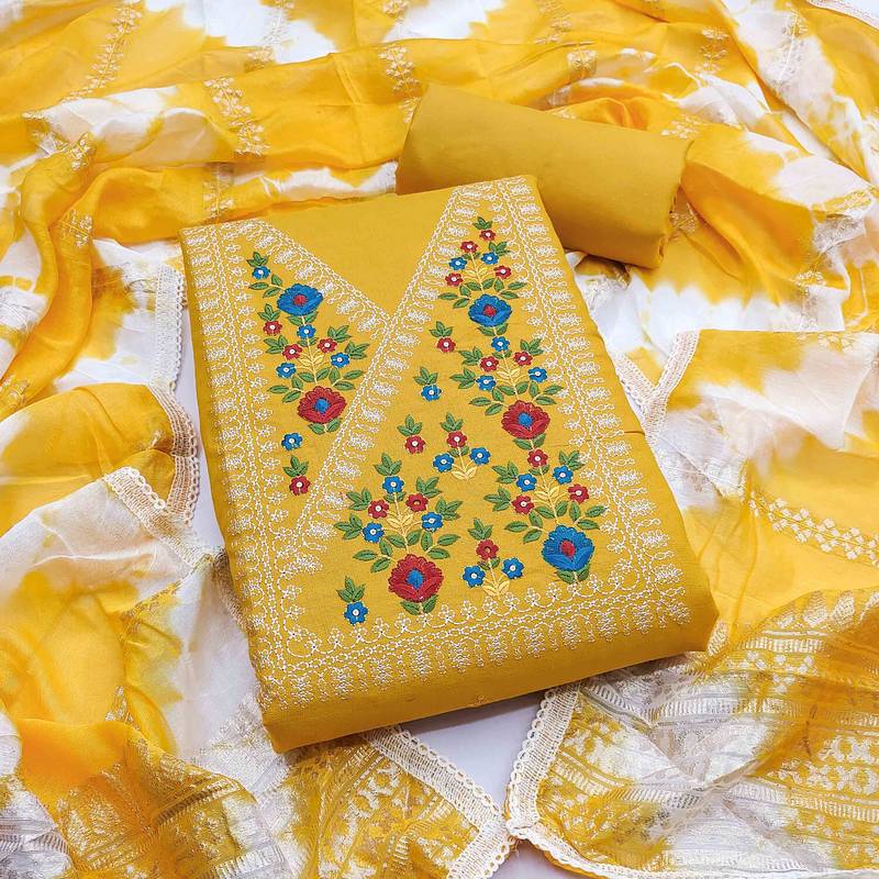 Yellow cotton embroidered unstitched dressmaterials 3 pair top bottom dupptaa