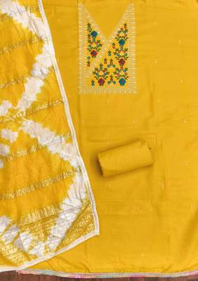 Yellow cotton embroidered unstitched dressmaterials 3 pair top bottom dupptaa 3