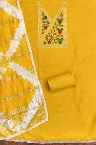 yellow cotton blend embroidered unstitched dressmaterials 3 pair top bottom dupptaa