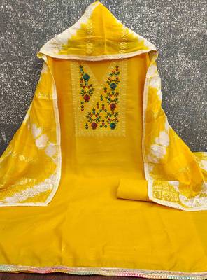 Yellow cotton embroidered unstitched dressmaterials 3 pair top bottom dupptaa 4
