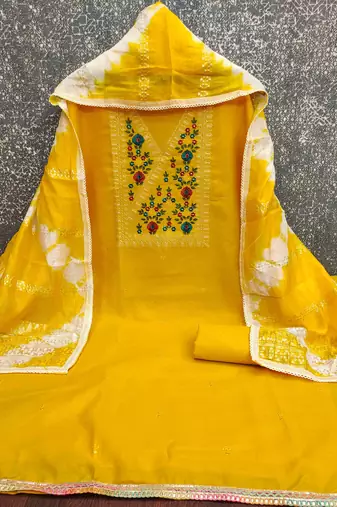 yellow cotton blend embroidered unstitched dressmaterials 3 pair top bottom dupptaa