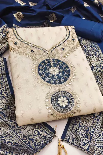 blue silk blend embroidered unstitched dressmaterials 3 pair top bottom dupptaa