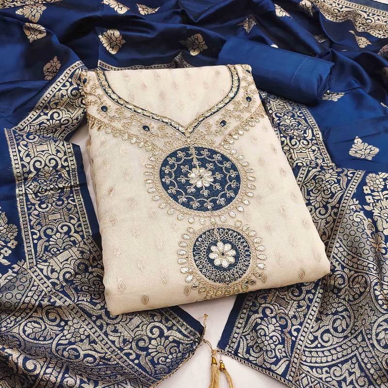 Blue silk  embroidered unstitched dressmaterials 3 pair top bottom dupptaa