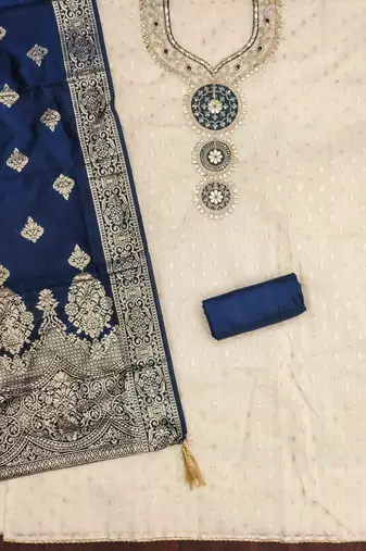 blue silk blend embroidered unstitched dressmaterials 3 pair top bottom dupptaa