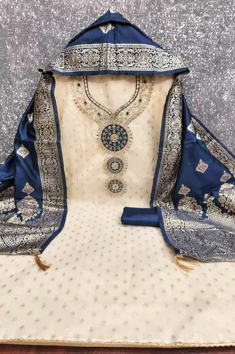 blue silk blend embroidered unstitched dressmaterials 3 pair top bottom dupptaa