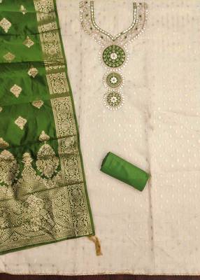 Green silk  embroidered unstitched dressmaterials 3 pair top bottom dupptaa 2