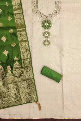 green silk blend embroidered unstitched dressmaterials 3 pair top bottom dupptaa