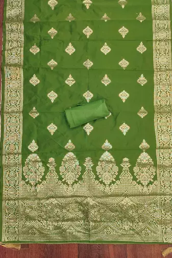 green silk blend embroidered unstitched dressmaterials 3 pair top bottom dupptaa