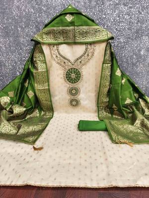 Green silk  embroidered unstitched dressmaterials 3 pair top bottom dupptaa 4