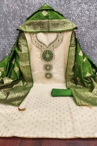 green silk blend embroidered unstitched dressmaterials 3 pair top bottom dupptaa