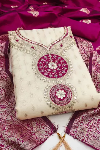 pink silk blend embroidered unstitched dressmaterials 3 pair top bottom dupptaa