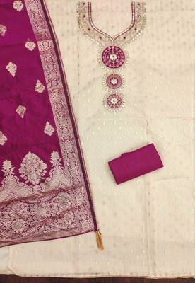 Pink silk  embroidered unstitched dressmaterials 3 pair top bottom dupptaa 2