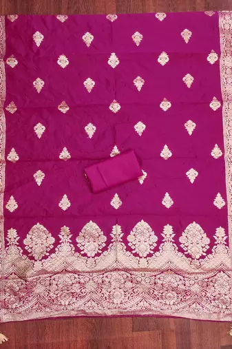 pink silk blend embroidered unstitched dressmaterials 3 pair top bottom dupptaa