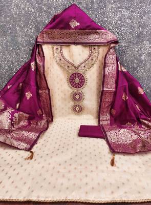 Pink silk  embroidered unstitched dressmaterials 3 pair top bottom dupptaa 4