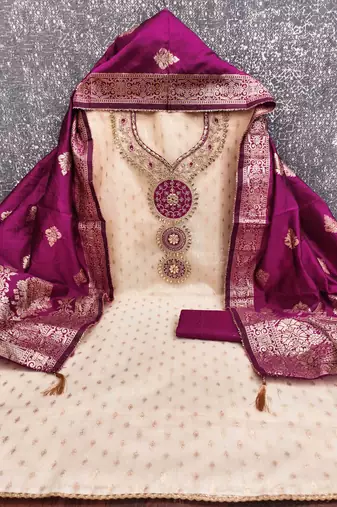 pink silk blend embroidered unstitched dressmaterials 3 pair top bottom dupptaa