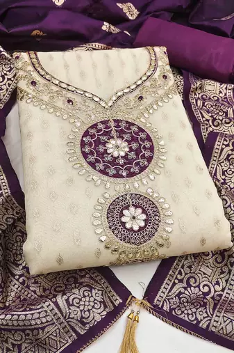 purple silk blend embroidered unstitched dressmaterials 3 pair top bottom dupptaa