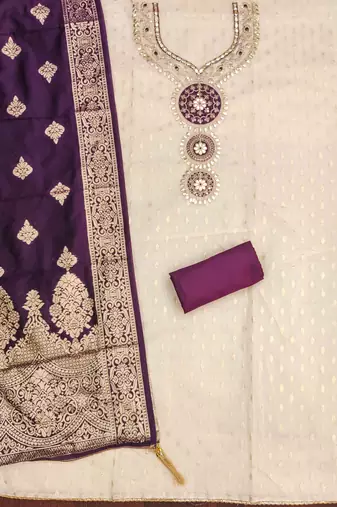 purple silk blend embroidered unstitched dressmaterials 3 pair top bottom dupptaa
