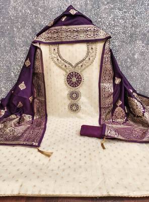 Purple silk embroidered unstitched dressmaterials 3 pair top bottom dupptaa 4