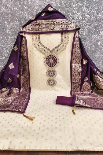 purple silk blend embroidered unstitched dressmaterials 3 pair top bottom dupptaa