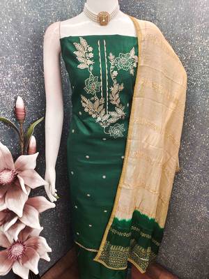 Green cotton  embroidered unstitched dressmaterials 3 pair top bottom dupptaa 2