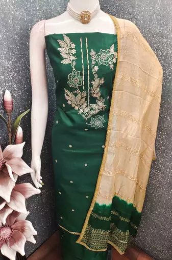 green cotton blend embroidered unstitched dressmaterials 3 pair top bottom dupptaa