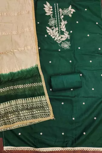 green cotton blend embroidered unstitched dressmaterials 3 pair top bottom dupptaa