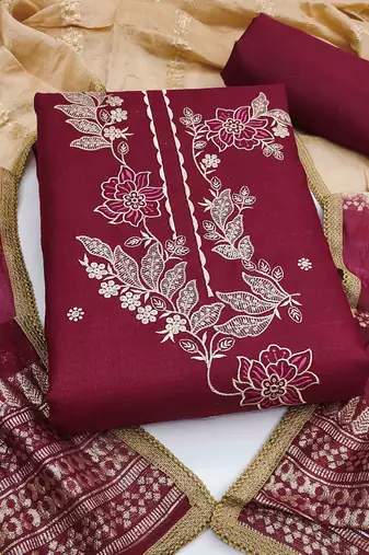 maroon cotton blend embroidered unstitched dressmaterials 3 pair top bottom dupptaa