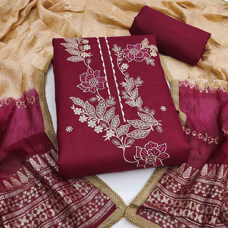 Maroon cotton embroidered unstitched dressmaterials 3 pair top bottom dupptaa