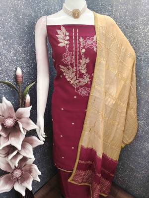 Maroon cotton embroidered unstitched dressmaterials 3 pair top bottom dupptaa 2