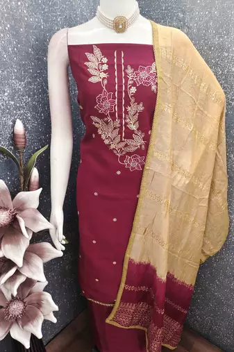 maroon cotton blend embroidered unstitched dressmaterials 3 pair top bottom dupptaa