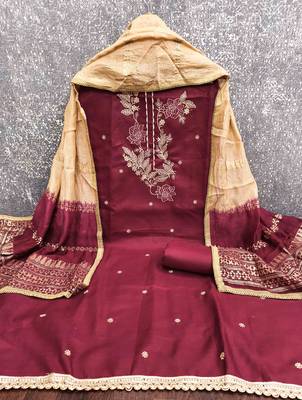 Maroon cotton embroidered unstitched dressmaterials 3 pair top bottom dupptaa 3