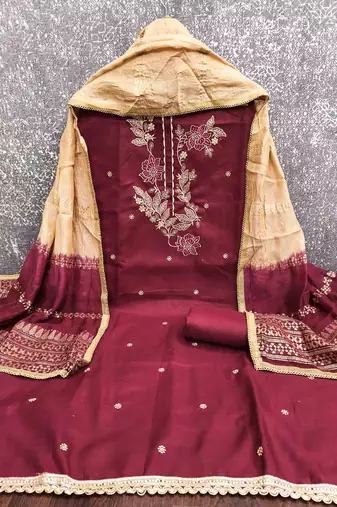 maroon cotton blend embroidered unstitched dressmaterials 3 pair top bottom dupptaa