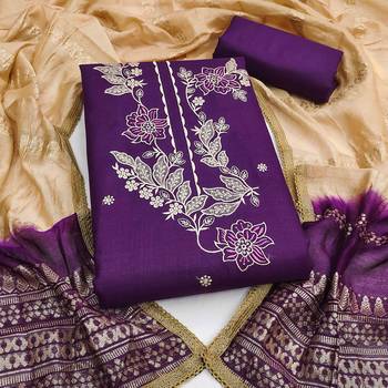 Purple cotton  embroidered unstitched dressmaterials 3 pair top bottom dupptaa 1