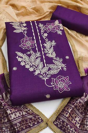 purple cotton blend embroidered unstitched dressmaterials 3 pair top bottom dupptaa