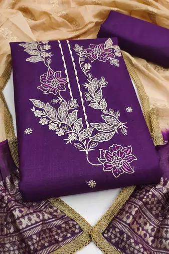 purple cotton blend embroidered unstitched dressmaterials 3 pair top bottom dupptaa
