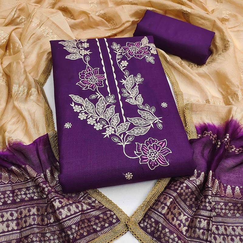 Purple cotton  embroidered unstitched dressmaterials 3 pair top bottom dupptaa