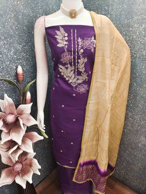 Purple cotton  embroidered unstitched dressmaterials 3 pair top bottom dupptaa 2