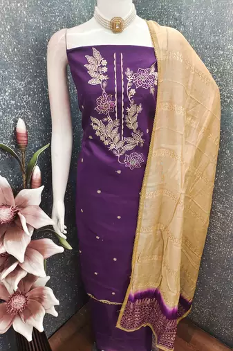 purple cotton blend embroidered unstitched dressmaterials 3 pair top bottom dupptaa