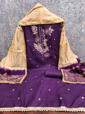 Purple cotton  embroidered unstitched dressmaterials 3 pair top bottom dupptaa 3